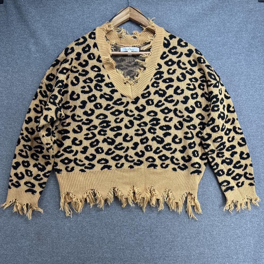Love Tree Womens Large Leopard Print V Neck Pullover Sweater Distressed Raw Hem